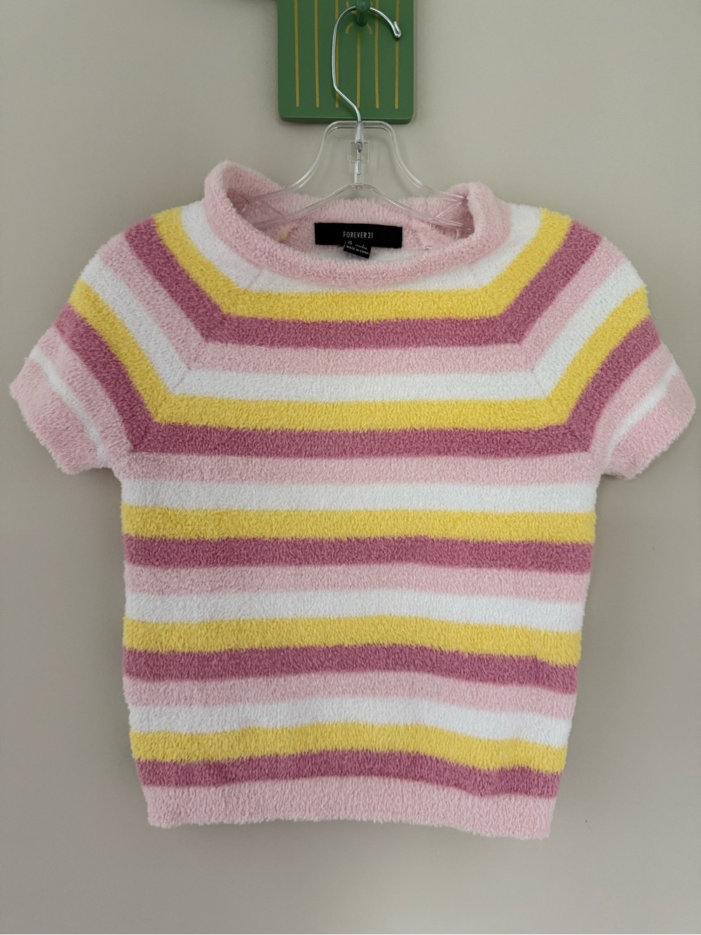 Forever 21 Pastel Striped Fuzzy Short Sleeve Top - Pink, Yellow, White